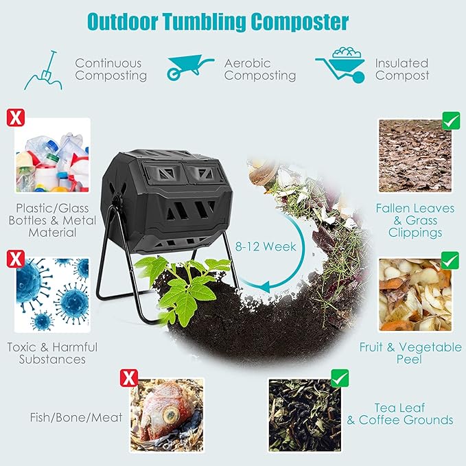 Goplus Compost Tumbler, 43 Gallon Rotating Compost Bin Barrel, Dual Chamber Tumbling Composter with Sliding Door, Gloves, Aeration System for Outdoor, Garden, Yard