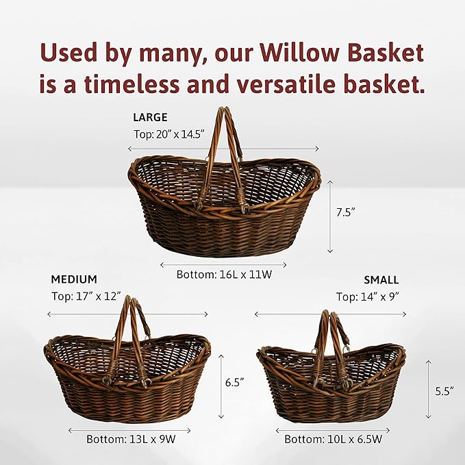 Wald Imports - Small Wicker Basket with Handle - Dark Brown Hand Woven Harvest Basket - Wicker Flower Basket for Storage, Picnics, Easter, Organizing, and More (14 x 5.5 inches)