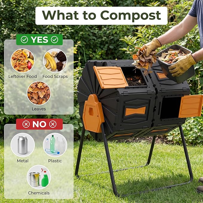 Dual Chamber Compost Tumbler, 45 Gallon Large Capacity 360° Rotating Composting Bin, BPA-Free Heavy Duty Composter with Easy Assembly, 38" Height Compost Bin Outdoor for Food Scraps Garden Yard Waste
