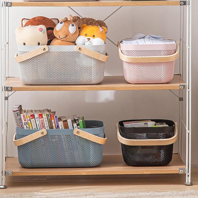 2 Pack Plastic Picnic Baskets, Mesh Harvest Basket with Foldable Wooden Handle, Rectangle Fruit Vegetable Storage Organizer Bins for Gathering, Kitchen, Pantry, Black