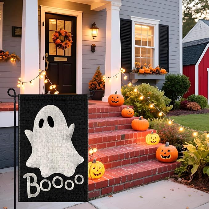 Halloween Ghost Garden Flag 12x18 Inch, Double Sided Holiday Burlap Yard Flag for Outdoor Decoration