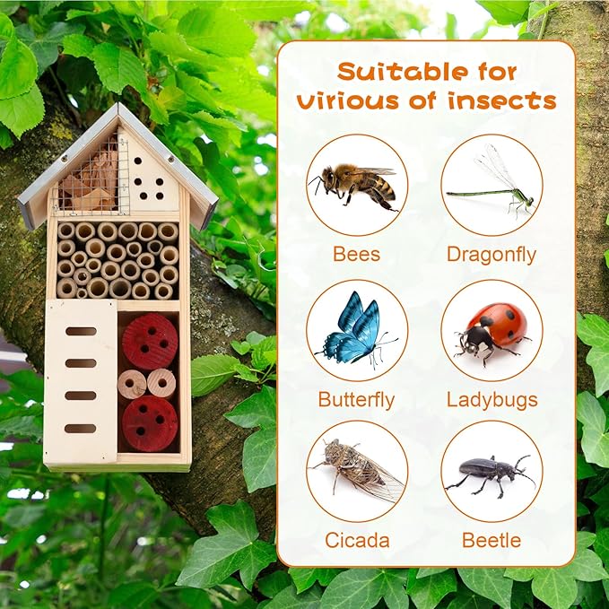 Maitys 3 Pcs Wooden Mason Insect Bee Hotel Butterfly House Natural Ladybug House Bug Hotel for Garden Outdoor Butterfly Ladybugs Live Bee Box Attracts Pollinators, 10 x 5.5 x 2.5 Inch