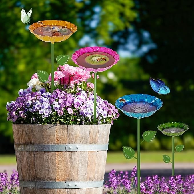 Bee Watering Station | 2 Pack Bee Baths for Garden | Metal Flowers Decorative Garden Stakes | Butterfly Feeder for Outside Garden Yard Decor (Blue,Yellow)