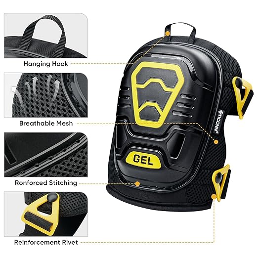 TICONN Gel Knee Pads for Work, Professional Heavy Duty Work Knee Pads for Men with Soft Foam and Gel Cushion for Men Construction, Garden, Flooring (Black/Yellow) (Pack of 2)