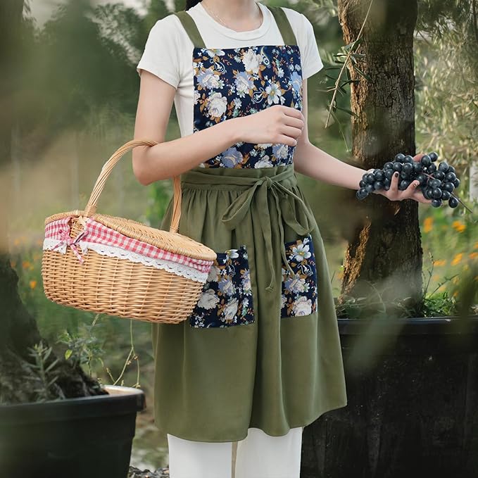 Vintage Pinafore Apron Dress for Women with Pockets Cute Floral Chef Aprons for Kitchen Cooking Baking Gardening