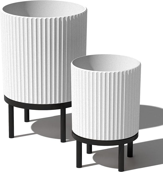Veradek Demi Series Round Planter w/Stand for Porch/Patio | Durable Plastic-Stone Composite & Wooden Stand | Modern Décor for Tall Plants, Flowers