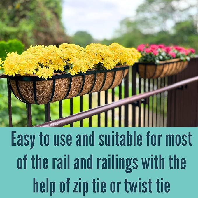 LaLaGreen Outdoor Wall Planter - 30 Inch, 2 Pack Black Metal Window Boxes Planters Attach to House, Large Flower Basket Deck Railings Hanging with Coco Liner Horse Troughs Fence Balcony Patio Porch