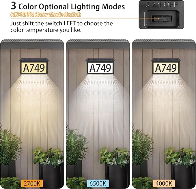 House Numbers for Outside Solar Powered, 3 Pack 3-Color LED Illuminated Solar Address Sign Plaques Waterproof with Stakes, Outdoor Lighted Home Number for Yard Garden Street