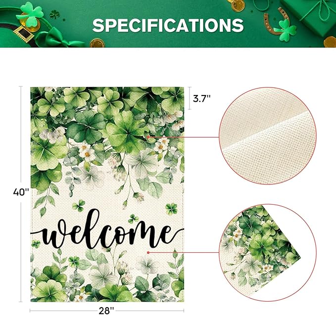 AVOIN colorlife St Patricks Day Floral House Flag 28x40 Inch Double Sided Outside, Shamrock Lucky Clover Welcome Yard Outdoor Flag