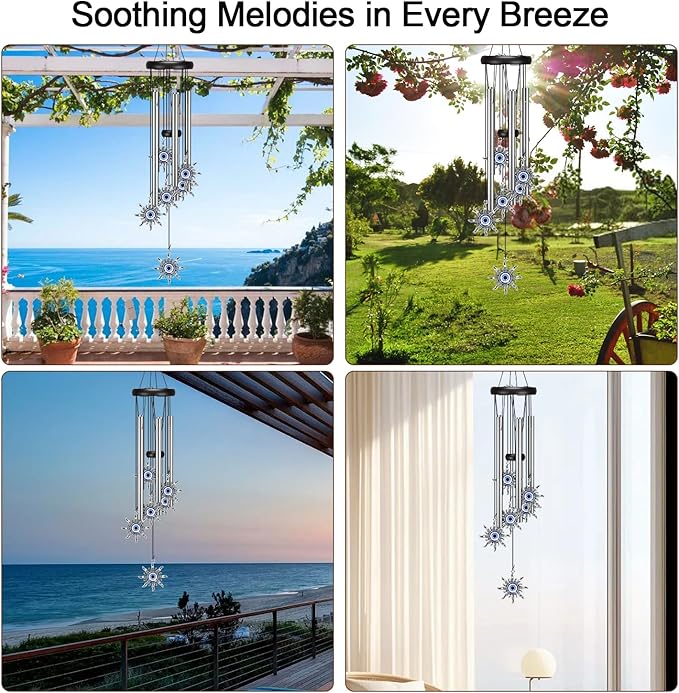 Wind Chimes for Outside Clearance, Wind Chime with Natural Sounds, Outdoor/Indoor Decorations for Patio, Porch, Backyard and Garden Decor (Sun Evil Eyes)