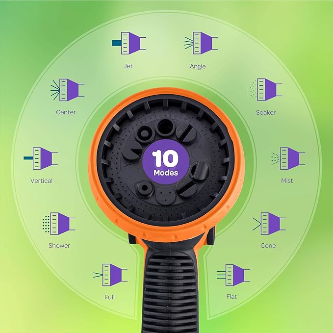 Hose Nozzle [Orange] Heavy Duty Hose Sprayer With 10 Adjustable Watering Patterns. Thumb Control Design, Comfortable Ergonomic Grip, Garden Hose Nozzle for Watering Plants & Lawns/Fun showers/Cleaning