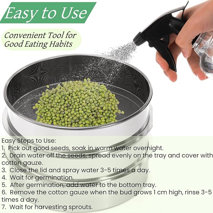 9" Stackable Stainless Steel Seed Sprouting Kit, 3-Tier Mesh Germination Tray, Seed Sprout Grower with Lid Base, Microgreens Propagator for Beans Peas Broccoli Wheat Grass, Soil Free