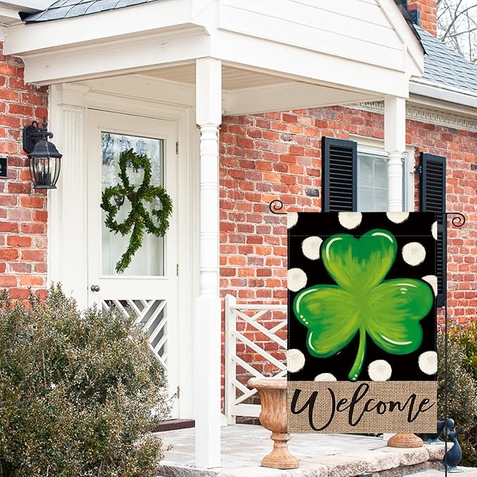 AVOIN colorlife Welcome Lucky Clover St Patricks Day Garden Flag Double Sided, Polka Dot Shamrock Yard Outdoor Flag 12x18 Inch