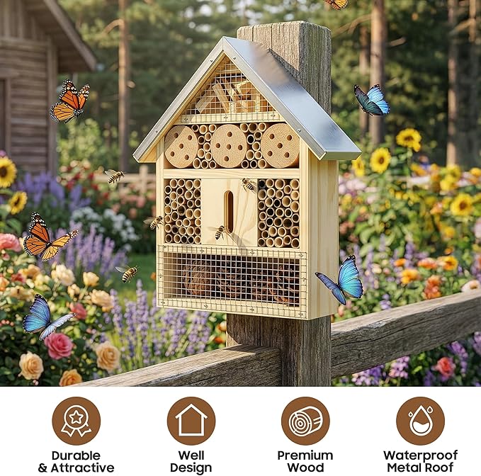UUMENHA Insect Hotel & Mason Bee House - Butterfly House,Multi-Functional Bee Hotel for Garden, Attract Pollinators,Durable Natural Wood Design,4.13×2.56×10.63 inches