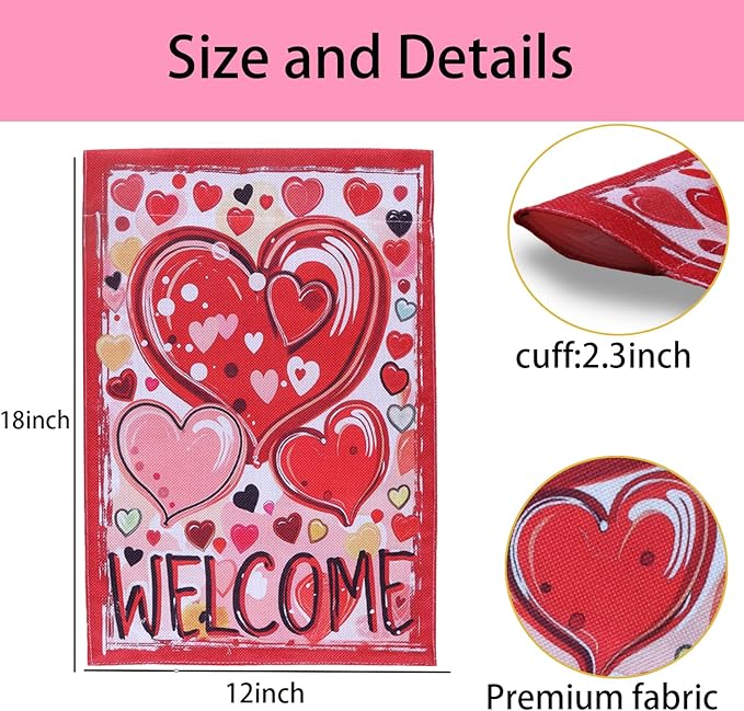 Valentine Garden Flags Decorations,12x18 Inch Vertical Double Sided Valentines Day Yard Decor Outdoor Welcome Hearts Anniversary Front House Lawn Outside Decors Garden Flag