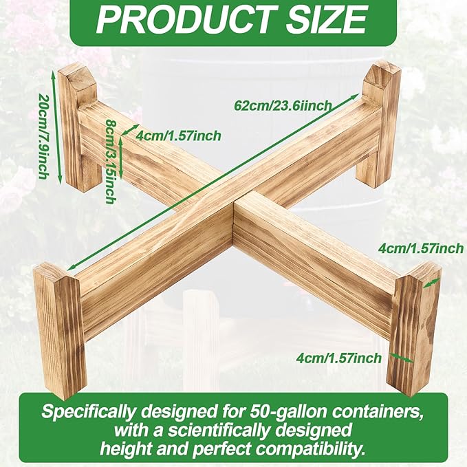 Lounsweer 45/50/55 Gallon Rain Barrel Stand, 500 lb Heavy-Duty Wooden Base for Rainwater Collection, Stable No-Bend Elevated Design, Fits Most Standard Barrels