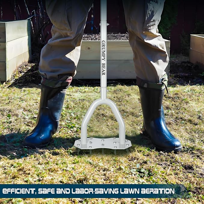 Grumpy Bear Heavy Duty Spike Lawn Aerator – Non-Slip T-Handle, Thick Stainless Steel Tube, Big Foot Plate for Better Root Growth & Water Drainage