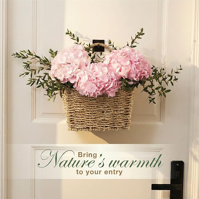 Set of 2 Wicker Hanging Basket for Organizing, Front Door, Mail, Flowers - Woven Wall Baskets for Storage (Seagrass)