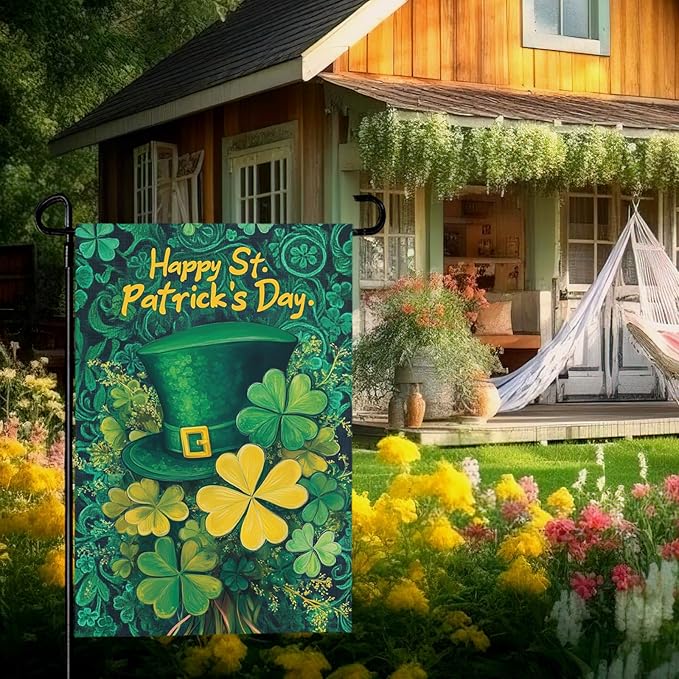 Happy St. Patrick's Day Shamrock Garden Flag Double Sided 12 x 18 Inch Green Hat with Clovers Decorative Garden Yard Flags for Home Decor