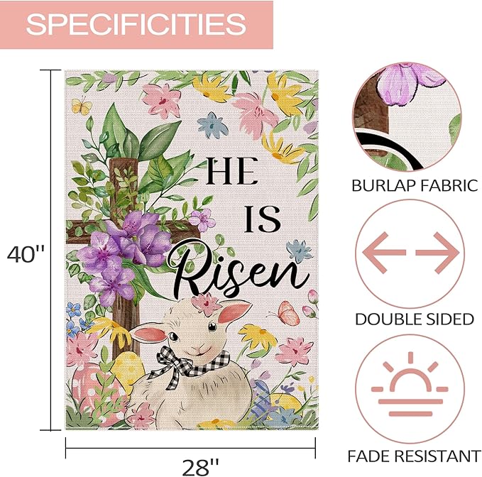 Easter Flag 28x40 Inch Double Sided Outside, He Is Risen Easter Flag Burlap Lamb Flowers Cross Decorations Outdoor Yard