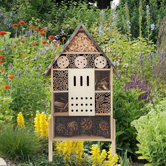 Insect Hotel XXL Standing - bee Hotel with Stand 30 inch, Metal roof - Large Wild bee Hotel - Insect House for Bees, Ladybugs and Butterflies | Insect Hotel kit