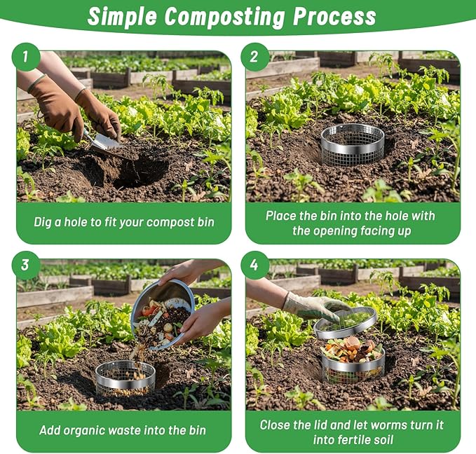2 Pack Inground Worm Composting Bin, Metal Compost Bin for Recycling Kitchen Food Waste, Outdoor Worm Compost Bin with Holes and Lid Use in Outdoor Garden Vegetable Patch Backyard