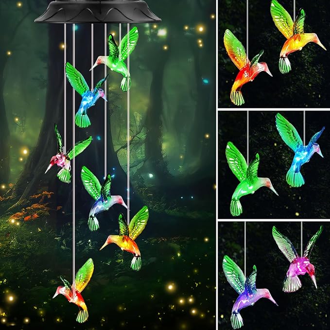 Birthday Gifts for Women Mom Grandma, Gardening Gifts for Women, Hummingbird Solar Wind Chimes for Outside, Wind Chimes Outdoor Waterproof, Solar Lights Outdoor Decorative for Garden Patio Yard