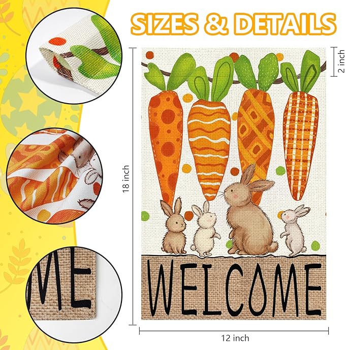 Easter Garden Flag 12x18 Inch, Double Sided Carrots Bunny Flag for Yard Outdoor Decoration