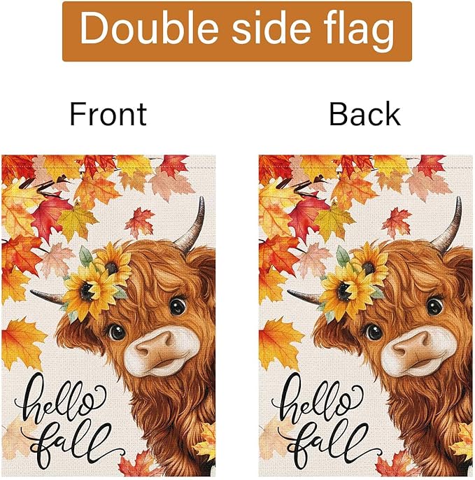 Louise Maelys Hello Fall Garden Flag Floral Highland Cow Welcome 28x40 Inch Double Sided Seasonal Autumn Maple Sunflower Large Burlap Thaksgiving Holiday Yard Sign Outside Outdoor House Decor
