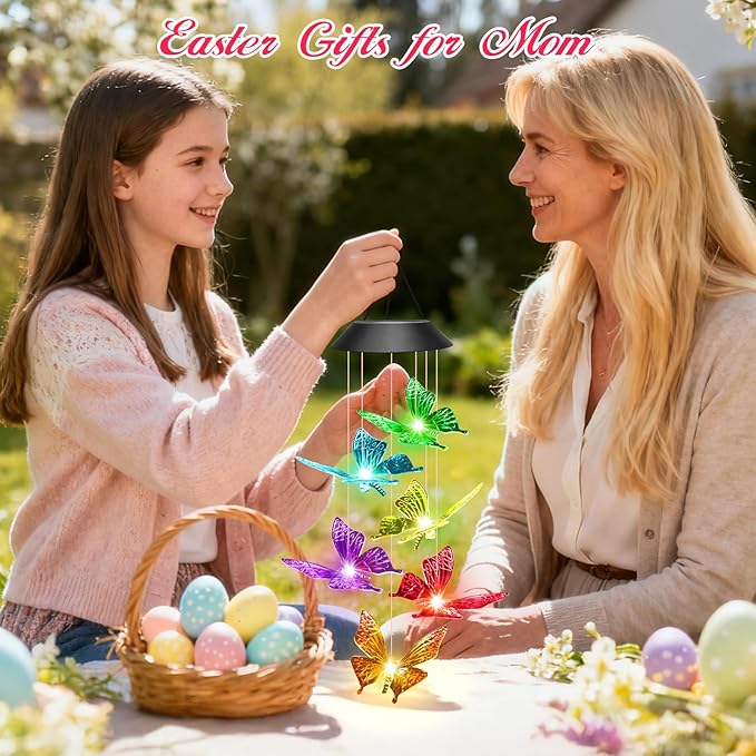 Easter Gifts for Adults, Mom Grandma Gifts for Mothers Day, Birthday Gardening Gifts for Women, Winzwon Solar Lights Outdoor Wind Chimes for Garden Yard Patio Porch Decor Butterfly Decorations