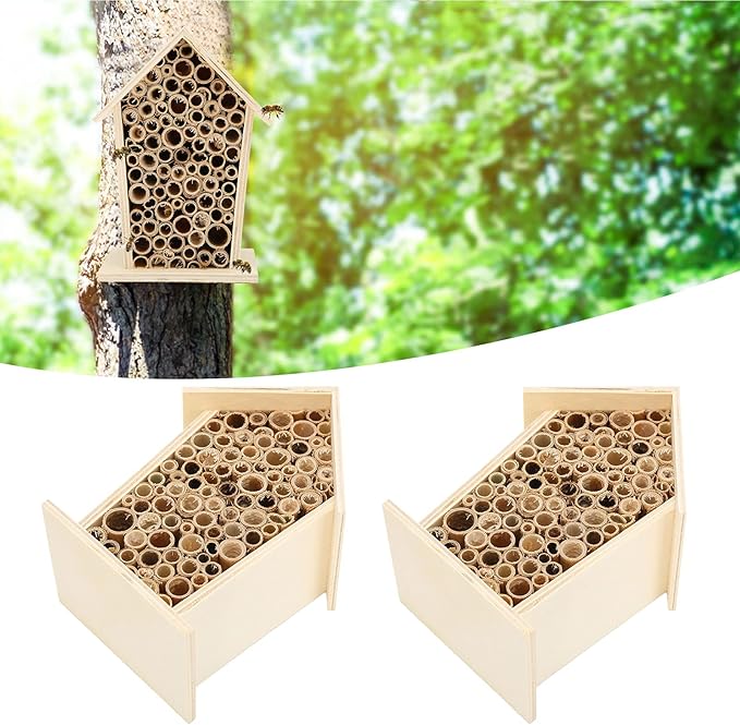Native Hive Wooden Bee House, Natural Handmade Wooden Bee Box Habitat with Bamboo Tubes,Insect House Shelter for Attracting Peaceful Bee Pollinators (2PCS)