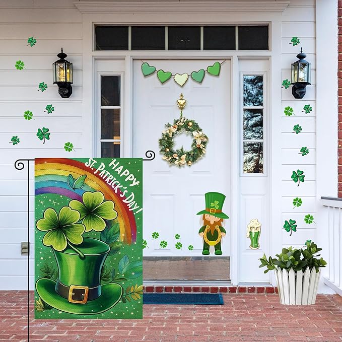 Happy St Patricks Day Garden Flag 12x18 Inch, Green Hat with Four-leaf Clover Double Sided Flag for Yard Outdoor Decoration