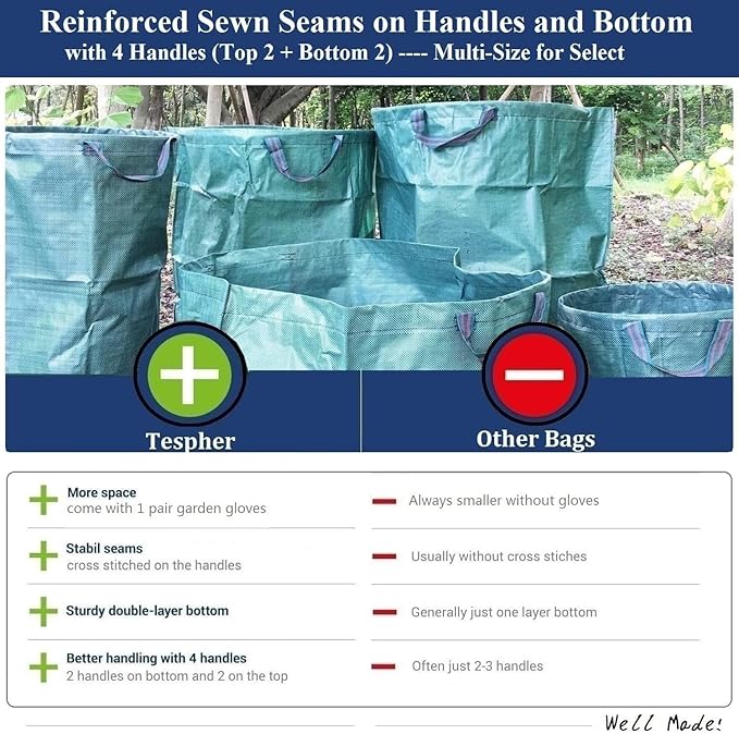 Standard 3-Pack 46 Gallon Lawn Garden Bags (D26,H19 inch) Yard Waste Bags W/Gardening Gloves for Leaf Bag,Yard Debris,Garden Trash Container,Camping Waste Bin,Lawn Grass Clippings,Weeds Bag 4 Handles