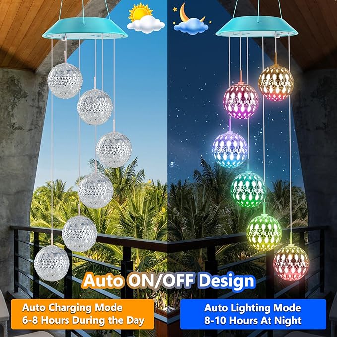 Solar Moroccan Ball Gifts for Mom Grandma Girls, Color Changing Solar Wind Chimes for Outside, Outdoor Decorative Mobile Lights for Garden, Yard, Patio, Window, Party, Easter Decor