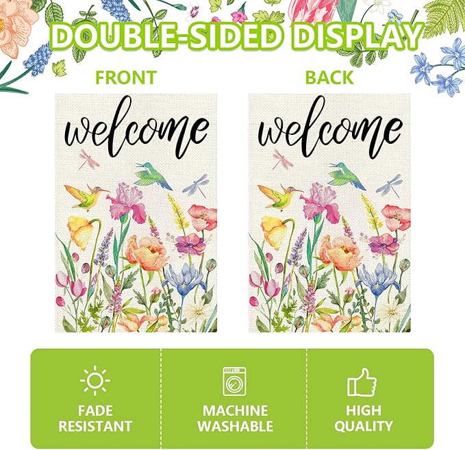 Spring Summer Garden Flag 12x18 Inch, Double Sided Colorful Flowers Birds Dragonflies Flag, Seasonal Yard Outdoor Decoration
