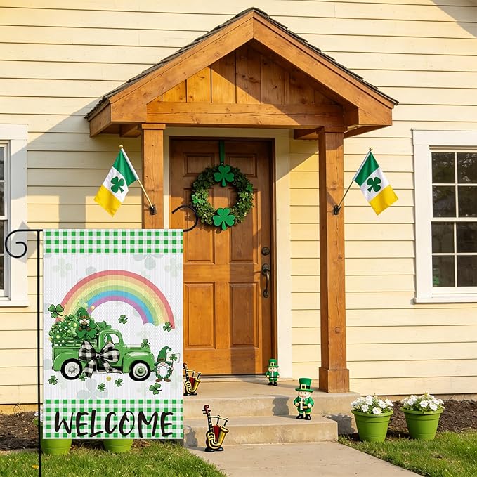 St Patrick's Day Garden Flag, 12x18 Inch Lucky Clovers Bow Double Sided Flag for Courtyard Decoration, St Patrick's Day Cute Truck Gnome Outside Banner Party Decorations for Home