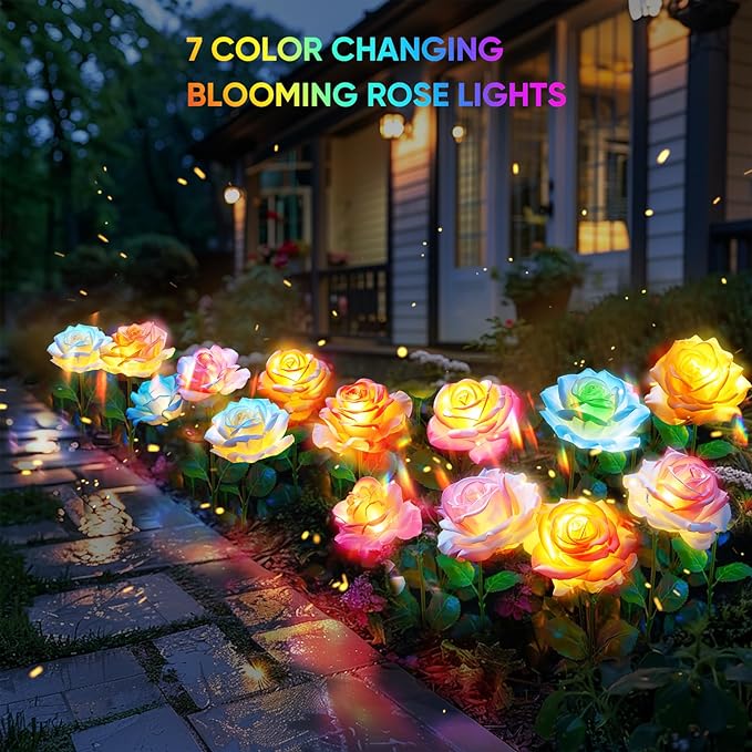 6-Pack Solar Flowers Outdoor Waterproof - Solar Garden Lights with Rose, Solar Flower Lights for Outside Yard Decorations Outdoor