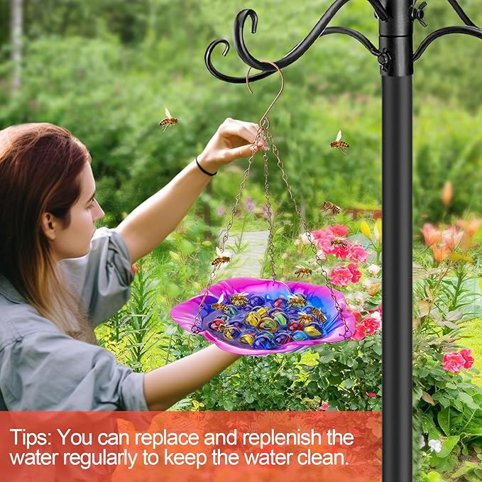 Bee Feeder with Vivid Hibiscus Design - Anti-Rust Iron Bee Watering Station for Feeding, Colorful Butterfly Bath Bowl Bee Cups with 30 Glass Marbles for Outdoor Yard Garden Decor Gifts (Purple)