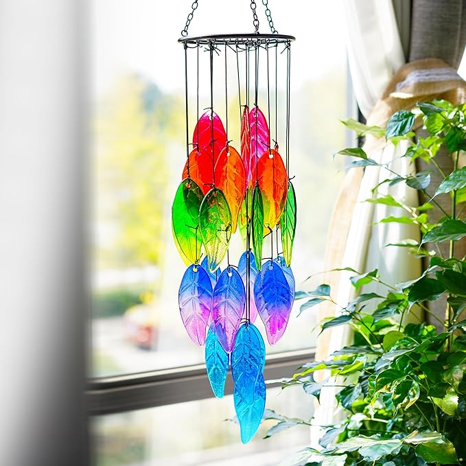 18'' Stained Glass Leaves Wind Chimes for Outside Unique Rainbow Leaves Forest Windchimes Outdoor Decoration Garden Decor