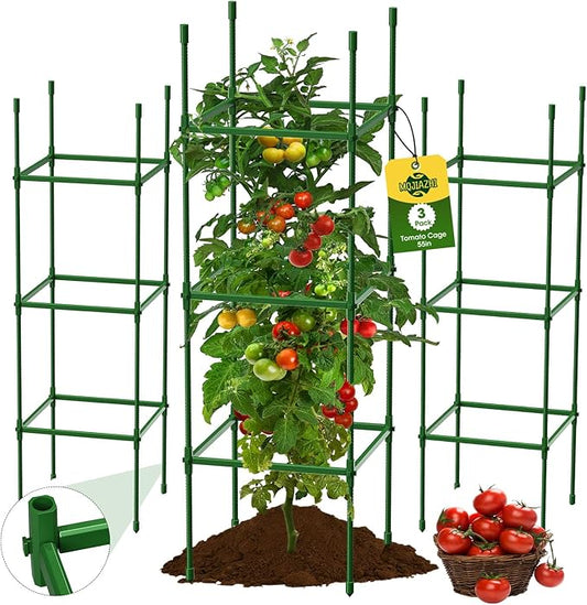 3 Pack Tomato Cages for Garden, Up to 55Inch Square Tomato Plant Cage, Upgraded Octagonal Connector, Heavy Duty Adjustable Tomato Stake Support for Garden Climbing Vegetables Flowers Fruits