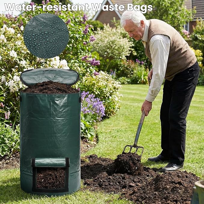 4 Pack 34 Gallons Reusable Yard Waste Bags, Leaf Lawn Collector Containers with Lid and Handles, Heavy Duty Collapsible Compost Bins with Bottom Window for Outdoor Debris Wet Leaves Grass