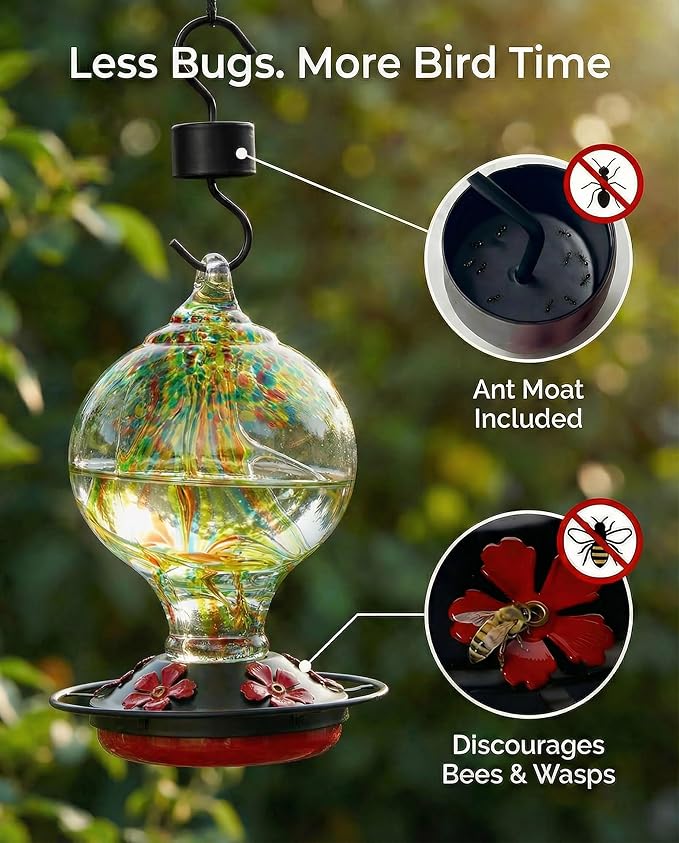 Hummingbird Feeder for Outdoors Hanging, 34 Oz, Handcrafted Gift Inner Glass Décor for Bird Garden Lover, Ant Moat & Bee-Resistant Ports, Hook & Brush Included, Golden Meadow