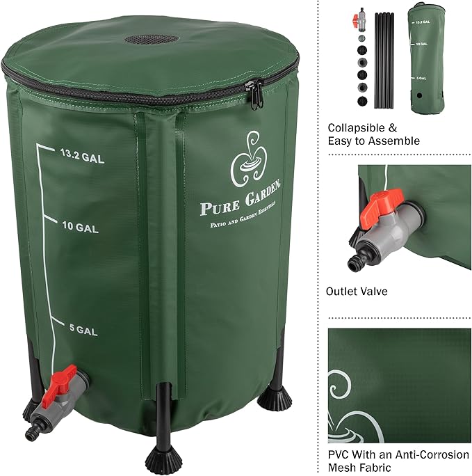 Rain Barrel - 13.2-Gallon/50-Liter Collapsible Water Container for Catching Rainwater - Portable Water Tank with Outflow Valve by Pure Garden (Green)