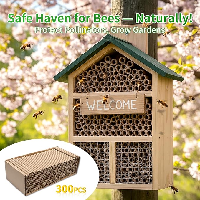Mason Bee Tubes 300 Pack - Kraft Paper Bee Nesting Tubes for Mason Bees, 5/16" x 6" Size, Ideal for Filling Mason Bee Houses and Garden Pollination