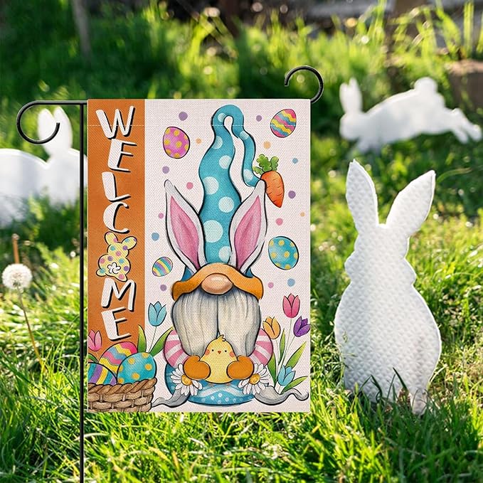 12x18 Inch Easter Garden Flag Double Sided, Bunny Gnomes Yard Flag for Outdoor Decoration