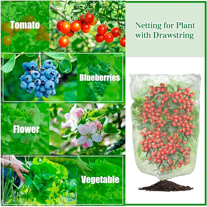 4Pcs Bird Barrier Mesh, Plant Netting with Zipper and Drawstring, Garden Netting to Protect Fruit from Birds, Tree Netting for Cicadas