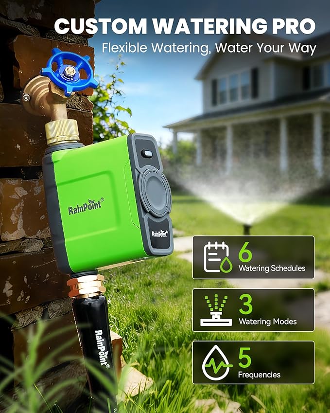 RAINPOINT WiFi Water Timer for Garden Hose, WiFi Sprinkler Controller, Smart Hose Timer Valve, Automatic Drip Irrigation System/Rain Delay for Garden/Lawn/Yard (Brass Inlet, No Gateway)