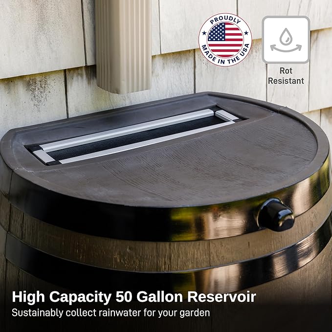 RTS Home Accents 50-Gallon Rain Barrel, Flat Back Rain Water Collection Barrel, Woodgrain with Black Stripes