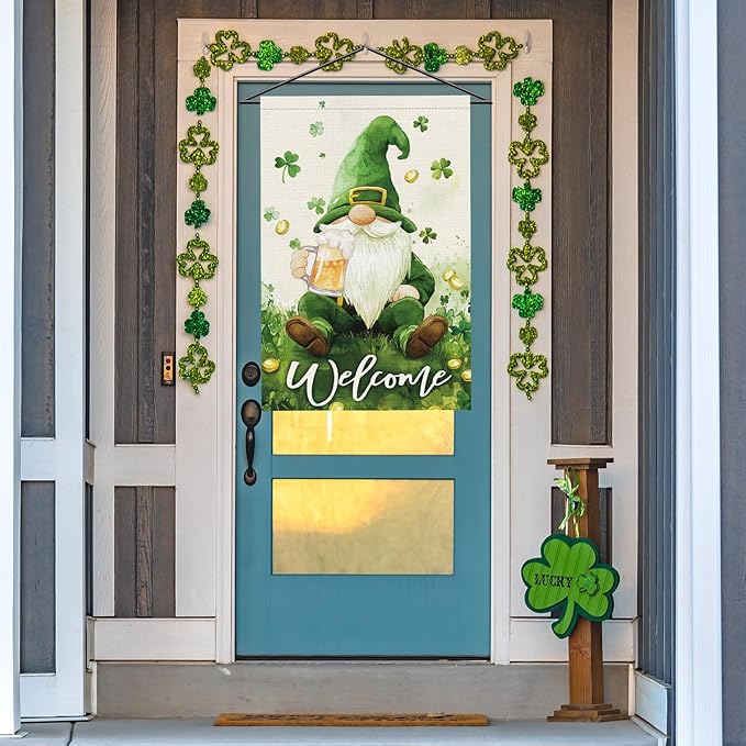 St Patricks Day Gnome House Flag 28x40 Inch Double Sided，Lucky Shamrocks Large Burlap Flag Welcome Irish Holiday Yard Outdoor Decor