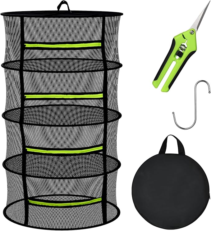 Herb Drying Rack Hanging-4 Layer, Plant Drying Rack, Bud Drying Net,Foldable Hanging Dry Rack Net with Green Zipper, Garden Shears & Hooks, for Herbs, Seeds Indoor/Outdoor (23.62")